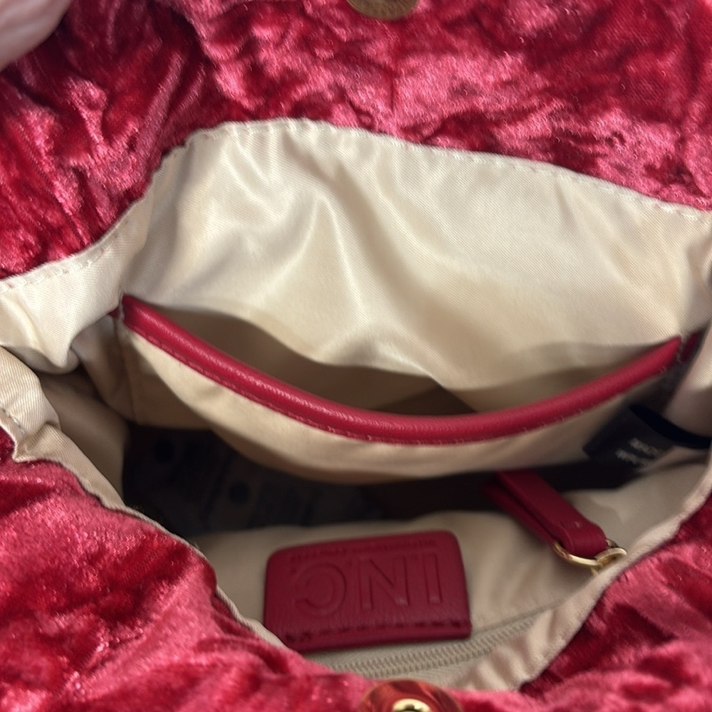 INC. Meliss Red Pepper and gold velvet cinch cross body or adjustable purse - Picture 12 of 16
